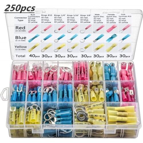 250pcs Heat Shrink Solder Wire Connectors Insulated Crimp Terminal Marine Automotive Waterproof Seal Electrical Terminals Set