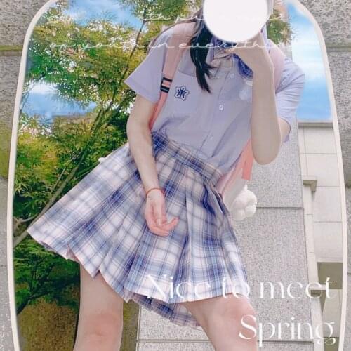 Xiaolan purple short-sleeved shirt white night neon purple grid skirt jk suit college style sweet same grid bow tie