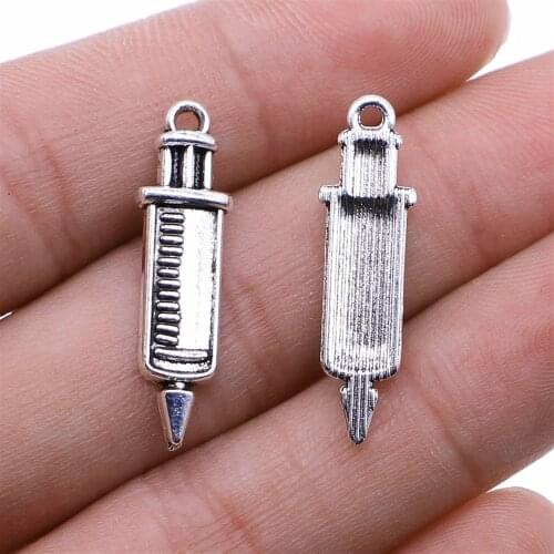 WYSIWYG 20pcs 30x8mm Medical Instruments Syringe Charm Pendants Antique Silver Color Syringe Pendants Charm Syringe