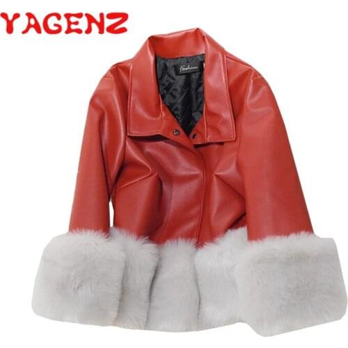 YAGENZ Faux fur splice Leather Jacket Women Autumn Winter Black Faux Leather Jackets Short Basic Coat Turn-down Biker Jacket 562