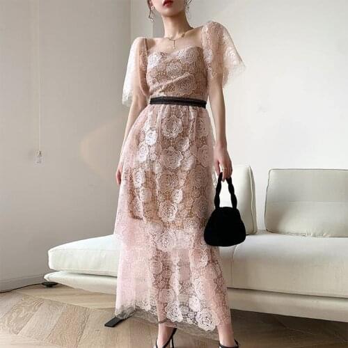 2021 Summer Dresses for Women Floral Sequined Bling Square Collar Maxi Long Casual Party Club Robes Vestidos Sexy Lady Clothes
