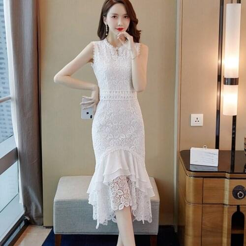 New Women Summer Elegant Runway Dress 2021 Fashion White Lace Princess Floral Embroidered Long Maxi Party Bodycon Mermaid Dress