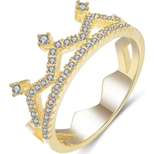 GW 925 sterling silver 18k Gold Crown Rings Shiny Clear Crystal Ring Bridal Sets For womens Ring Jewelry for Lovely
