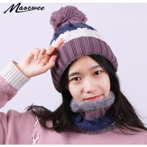 Winter Pompon Hat And Scarf Set For Women Knitted Thick Warm Girls Bonnet Hats With Lining Female Neck Ring Scarf 2 Piece Set