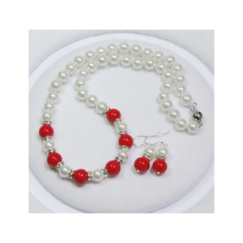 10-12mm White Akoya Shell Pearl Red Jade Gems Round Beads Necklace Bracelet set