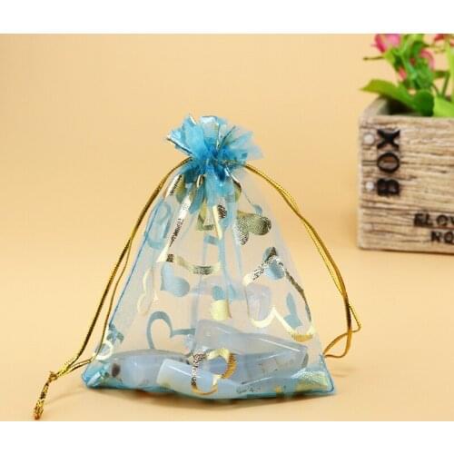 100pcs Lake Blue 11x16cm Heart Organza Jewelry Pouch Wedding Party Favor Gift Bags Cheap Organza Pouches Small Cosmetic Bags