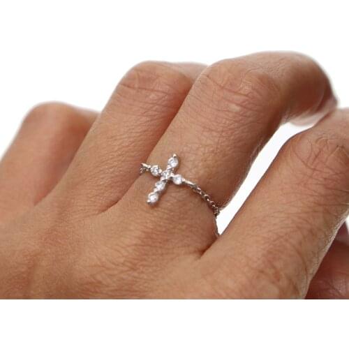 2021 New 100% 925 Sterling Silver Cute Delicate Women Jewelry CZ Cross Dainty Adjust Chain Rings Girl Female Fashion Ring