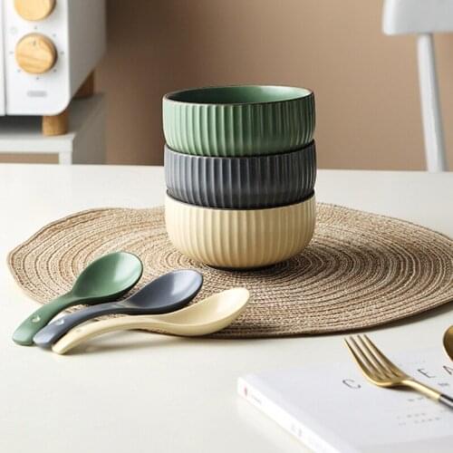 3 Pcs/Set 4.5 Inch Rice Bowl, Ceramic Tableware, Round Matte Embossed Stripes Colored Glazed Solid Color CZY160002