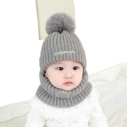 Baby Kids Hat Infant Suit Winter Warm Letter Knit Hairball Cute Kawaii Boys Girls Bib Soft Newborn Neckerchief Scarf Outfit 0-2Y