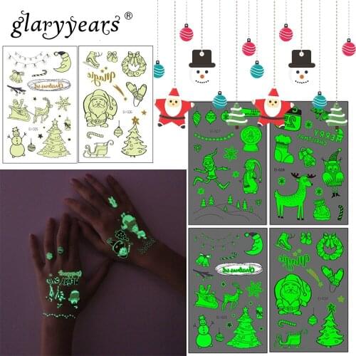 Glaryyears 1 Sheet Luminous Temporary Kids Tattoo Sticker Waterproof Small Body Art Christmas Santa Clau Snowman Pattern Fake