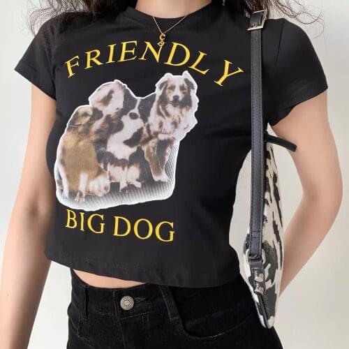 Calelinka Ins Fashion Dogs Printed Women Slim Crop Tops Round Neck Short Sleeve Summer Cotton Y2K Tops Street Style T shirts