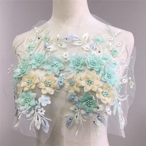 1 Pair Exquisite 3d flower lace applique with sequins and pearl beads embroidered sewing trim wedding dress accessories 29*23cm