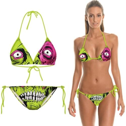 Sexy Funny Bikinis Set 3D Green Skull Printed Cosplay Bra Straps Low Waist Swimsuit Female Swimwear Women Bikini
