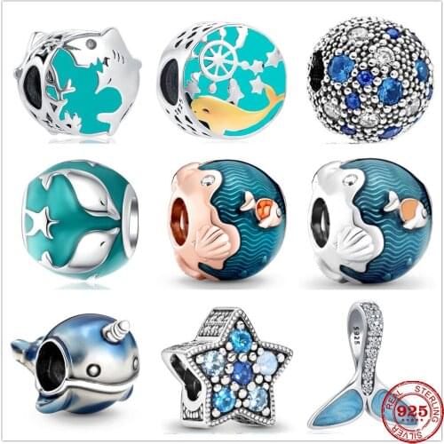 Hot sale 100% 925 Sterling Silver Blue fish Mermaid Charm Fit Original Pandora Bracelet Making DIY Fashion Jewelry For Women