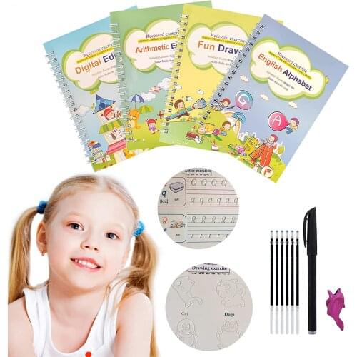 3D Magic 4 Books + Pen Reusable Exercise Children 0-10 Writing Stickers Calligraphy English Numbers Letters Montessori Toys