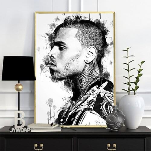 Minimalism Watercolor Black White Poster, Chris Brown Sketch Wall Picture, American Singer Actor Portrait Painting Home Decor