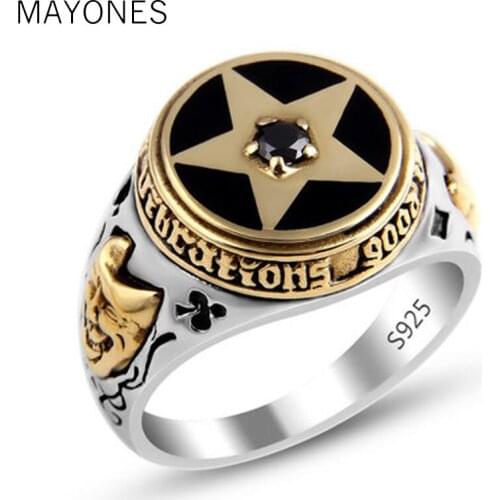 MAYONES old silversmith 925 silver ornament Thai silver pentagram black Zircon silver ring restoring ancient ways mens rings