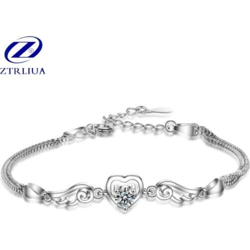 New Fashion Personality Female 925 Sterling Silver Jewelry Angel Wings Heart Two Colors Crystal High-quality Bracelet SB75