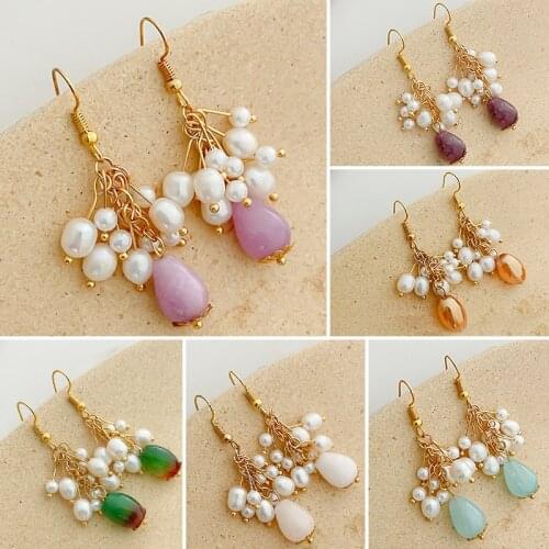 Luxury Multi Layer Pearl Drop Dangle Earrings for Women Handmade Jewelry Korean Stainless Steel Natural Stone Statement Earring