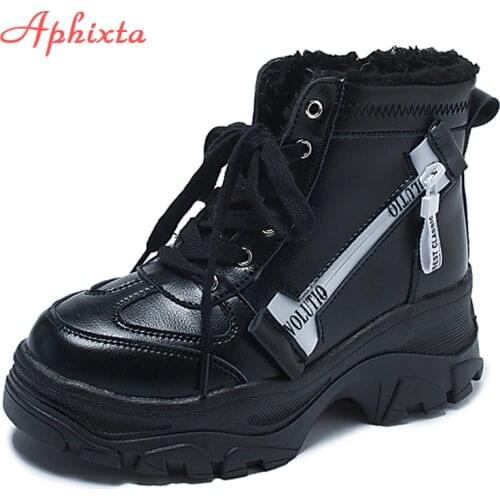 Aphixta Winter Boots Women Platform Boots Shoes Woman Botas Mujer Fur Winter Thick Sole Lace-up Ankle Boots For Women Waterproof