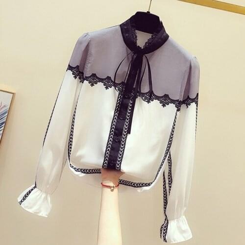 Mesh Patchwork Women Shirts 2021 Summer New Lantern Sleeved Office Lady Elgant Chiffon Shirts Outwear Tops