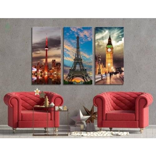Toronto Paris London Canvas Set Triptych Print Eiffel Tower Printed Decor Of Westminster Art Big Ben Print For Wall
