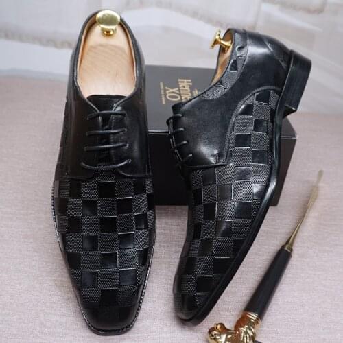 Luxury Men Dress Shoes Genuine Leather Derby Shoes Fashion Plaid Prints Black Brown Lace Up Wedding Office Oxford Formal Shoes