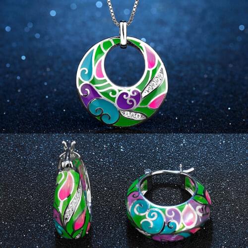 Gorgeous Pink Lotus Transparent Enamel Hoop Earrings 925 Sterling Silver Green Pendant Necklace for Women Bohemia Jewelry Sets