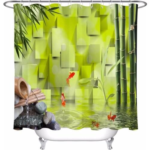 3d Green Bamboo Water Goldfish Shower Curtain Nature Bathroom Extra Long Waterproof Washable Polyester Fabric for Bathtub Decor