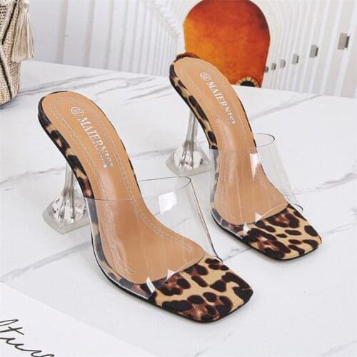MAIERNISI Women High Heel Slippers Platform Asakuchi Leopard Design Sandals Party Shoes Sexy Open Toe Transparent Modern Slides