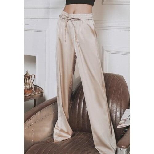 Elegant Pants Women New Korean Solid Tencel Straight Wide Leg Pants Casual Summer Ice Silk Pant Elastic High Waisted Trousers