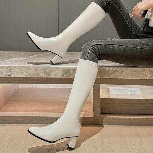 Fashion Autumn Winter Knee High Boots with Zipper 6CM Square Root Womens Stretch Boots Women Shoes Long Boots Large Size 34-43