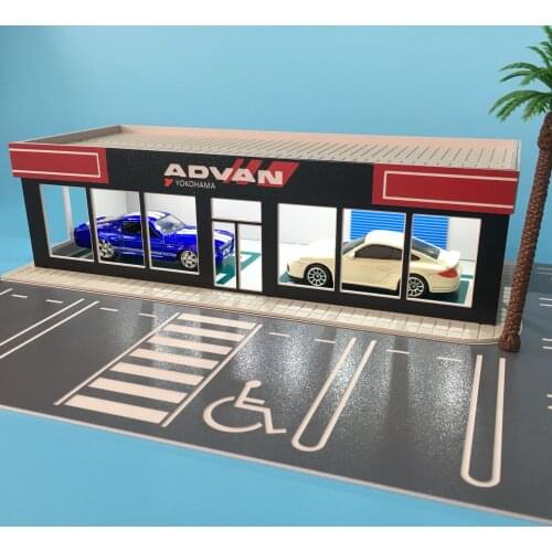1/64 Car Model Scene ADVAN/Ferrari Exhibition Hall 30x19x6cm Size Repair Factory Parking Lot Plastic Assembly No Need Glue