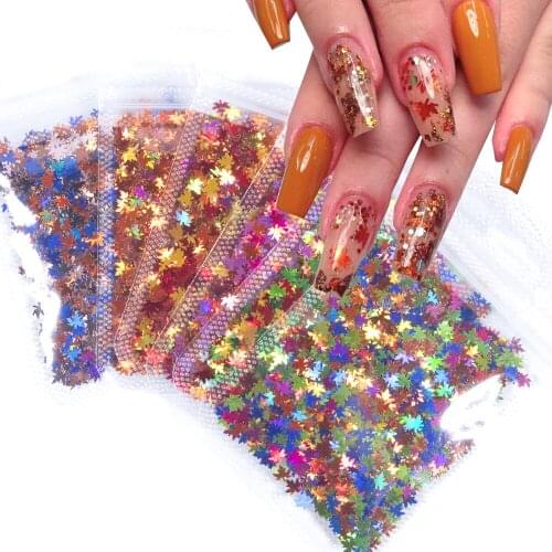 1 Bag Holographic Maple Leaf Nail Glitter Mix Color Sparkle Laser Sequins Flakes for DIY Nail Art Decorations Home Craft Design