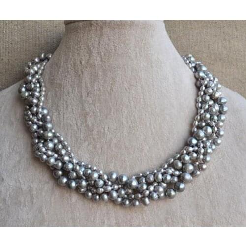 100% Natural Pearl Jewellery,Gray Pearls 5 Rows 18 Inch 3-8mm Real Freshwater Pearl Necklace,Fashion Ladys Gift,Women Necklace