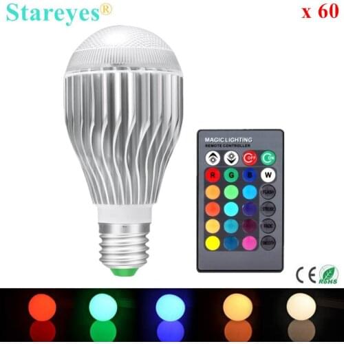 Free shipping 60 pcs 550LM RGB led lighting Colorful 9W E27 RGB LED Lamp Bulb with 24 key Remote Control RGB lighting
