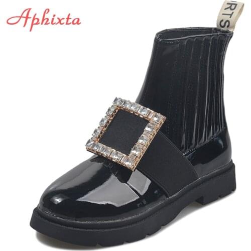 Aphixta Square Heels Women Boots Fashion Round Toe Bling Crystals Buckle Ankle Martns Boots Slip-on Crystal Shoes Woman Boats