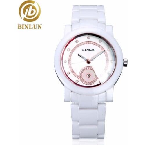 BINLUN White Quartz Ceramic Watch for Mens watches Diamond Calendar Male Waterproof Black Chronograph masculino relogio