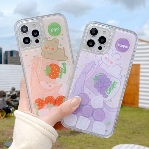 For iPhone 12 11 Pro Max SE Cute Grape Strawberry Bunny Bear Glitter Quicksand Phone Case For iPhone X XR XS Max 7 8 Plus Cover