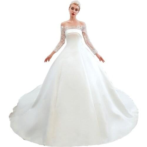 Elegant Off the Shoulder Taffeta with Lace Full Sleeve Chapel Train Wedding Dress Vestido de noiva Robe de mariee Wedding 39352