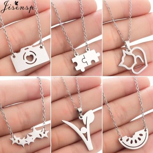 Jisensp Simple Stainless Steel Necklaces Pendants Women Fashion Jewelry Geometric Puzzle Cat Star Necklace Choker Accessories