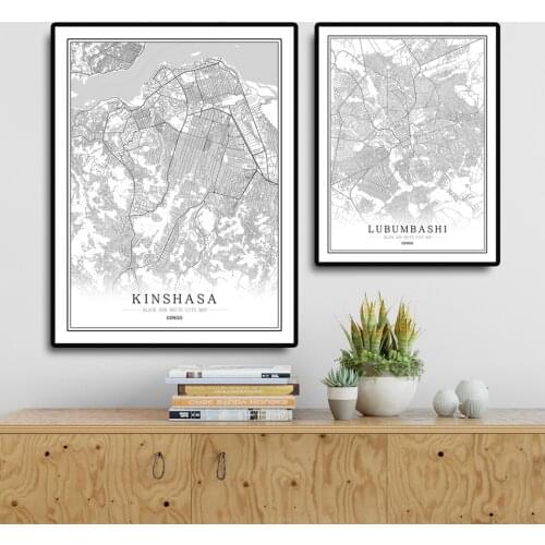 Congo Creative city map Kinshasa Abstract Canvas Paintings Black and white Wall Art Print Poster Picture Home Decoration