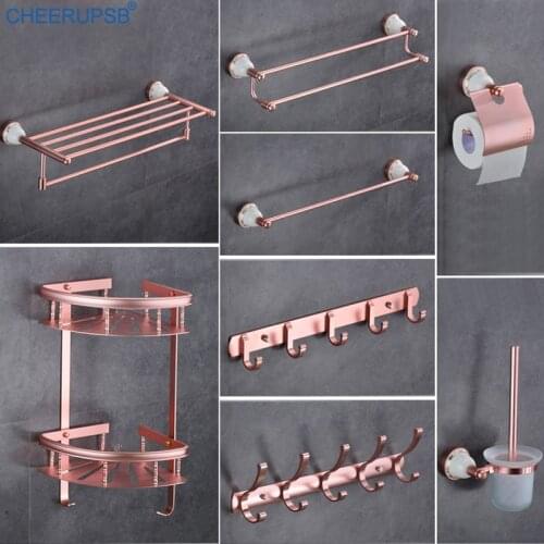 Bathroom Space Aluminum Accessories Set Rose Pink Bath Towel Holder Suit Hotel Luxury Hardware Suit Wall Mount Towel Rack Sets