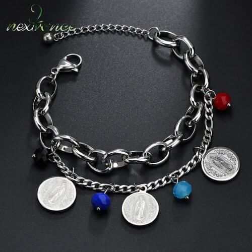 Nextvance 3 Coin Virgin Mary Medal Pendant Bracelets Double Layer Color Beads Link Chain Bracelet for Christian Jewelry