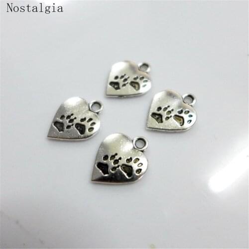 Nostalgia 10Pcs Paw Print Charm Heart Shaped Jewlery For Women Cat Dog Paws 17*13MM