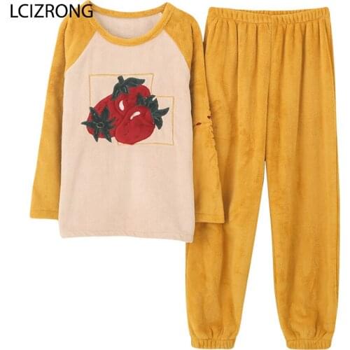 Spring Warm Flannel 2pcs/set Pajamas Set For Women Casual Plus Size Long Sleeve Home Clothes Cute Sweet Pijama Mujer