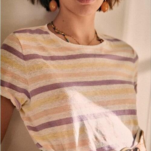 Runelen Rainbow Stripe Graphic T Shirts Summer O Neck Short Sleeve Casual Women T-shirts 2021 Tops Elegant Retro Patchwork Tees