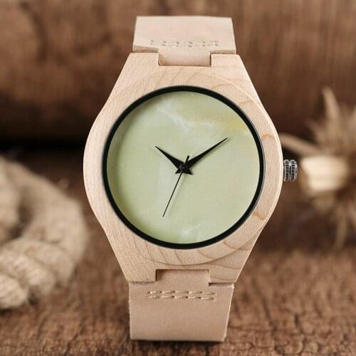 Light Green No Word Dial Wood Watch Whitening Bamboo Minimalist Analog Genuine Leather Novelty Clock Online Reloj de madera 2020