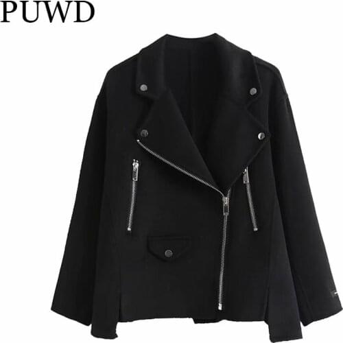 PUWD Loose Women Zipper Decorative Woolen Jacket 2021 Winter Fashion Lapel Streetwear Casual All-match Retro Female Chic Outwear