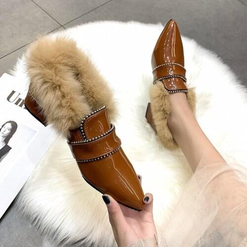 With heel single shoes plus velvet rabbit fur shoes female comfortable casual shoes 2019 autumn winter wear new bottom U14-81